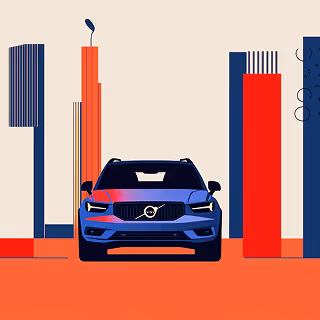 Graphic illustration of a blue car positioned centrally among tall, abstract red and navy blue skyscraper shapes, evoking innovation and urban energy.