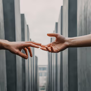 Two hands reaching out to touch each other between large grey architectural walls, suggesting connection or empathy.