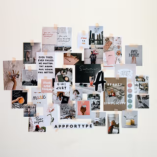 Wall collage made up of quotes, photos, products, and branding elements, forming a visual inspiration board for brand identity creation.