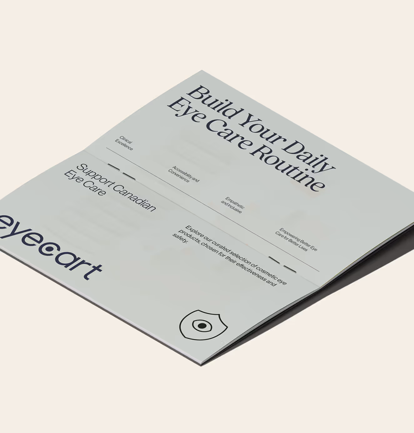 Eyecart brochure cover with the title “Build Your Daily Eye Care Routine.” Simple typography and soft beige background highlight Canadian eye care support and product curation.