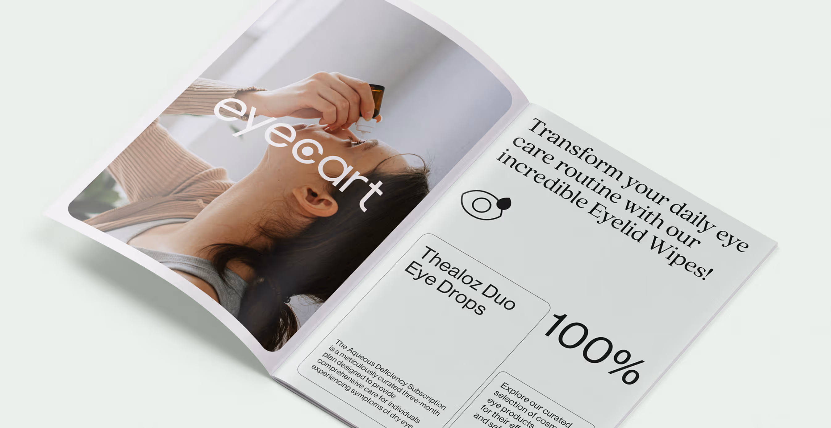 Open Eyecart brochure featuring a woman applying eye drops on the left page and product details for Thealoz Duo Eye Drops on the right. Clean typography and icons emphasize routine eye care.
