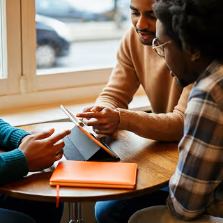 Three men gathered around a small table, interacting with a tablet, reviewing business data or collaborating on a consulting session.