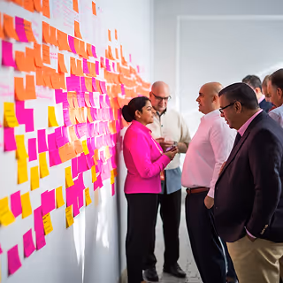 Business professionals engage in conversation in front of a wall filled with bright pink and orange sticky notes, suggesting a brainstorming or workshop session.