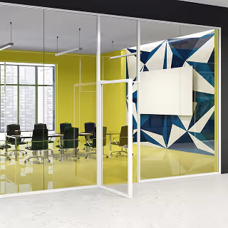 Conference room enclosed by glass walls with yellow flooring and a bold geometric mural featuring blue and white shapes.
