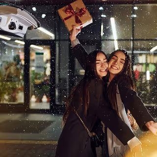 Two smiling women embrace while holding a wrapped holiday gift outside a brightly lit store at night, with snow gently falling.