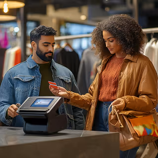 A woman in a brown leather jacket makes a credit card payment at a clothing store checkout counter attended by a male cashier.