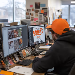 A man in an orange cap working at a dual-monitor computer setup, designing graphics in a creative office space with posters and reference images pinned on the wall.
