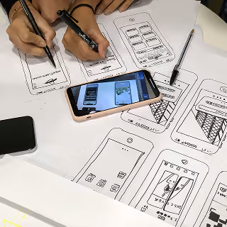Hands drawing app wireframes on paper with a smartphone placed on top, representing user interface and mobile app design planning.