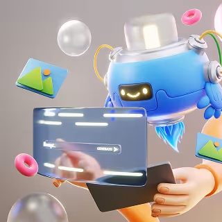 3D cartoon-style robot character with a glowing tablet and floating digital icons, representing AI or futuristic technology.