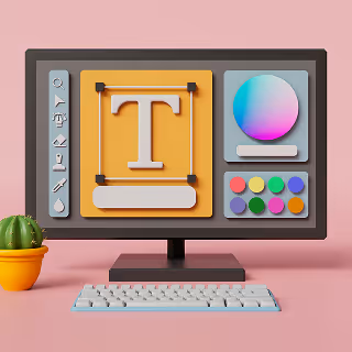 A stylized 3D rendering of a desktop screen showing a design interface with typography tools, a color wheel, and swatches against a pink background.