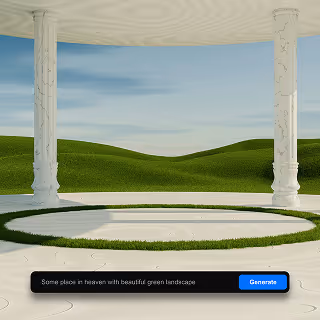 Digital scene showing a pristine, open-air white pavilion with a lush green landscape in the background and a floating “Generate” prompt.