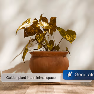 Minimalist scene of a golden-leafed plant in a terracotta pot placed on a wooden floor with soft sunlight and a “Generate” prompt overlay.