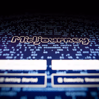Close-up of a computer screen displaying the word “Midjourney” in stylized text over a background of blue digital code.