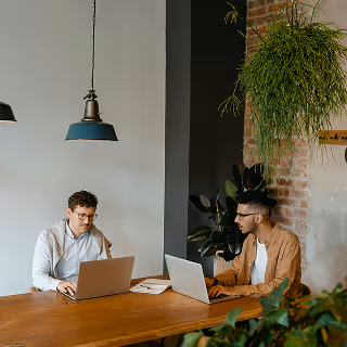 Two men working side by side on laptops in a cozy, plant-filled workspace with warm lighting.