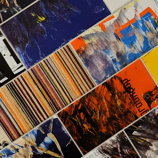 A collage of abstract artwork samples including vibrant stripes, brush strokes, and bold color blocks arranged diagonally.