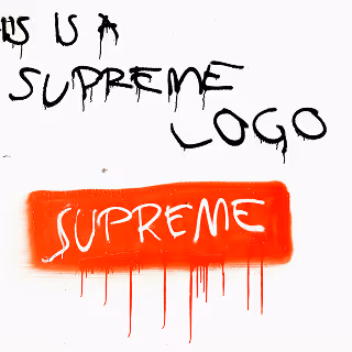 Graffiti-style text on a white wall with black paint reading “IS US A SUPREME LOGO” and a red rectangle below it with the word “SUPREME” written in white, imitating the iconic logo.