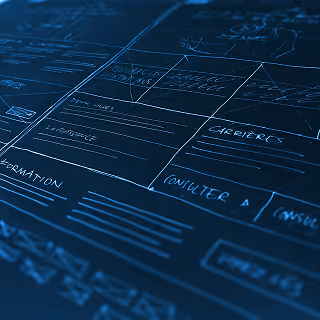 Close-up of a digital wireframe or UI/UX blueprint on a blue screen, showcasing website layout planning.