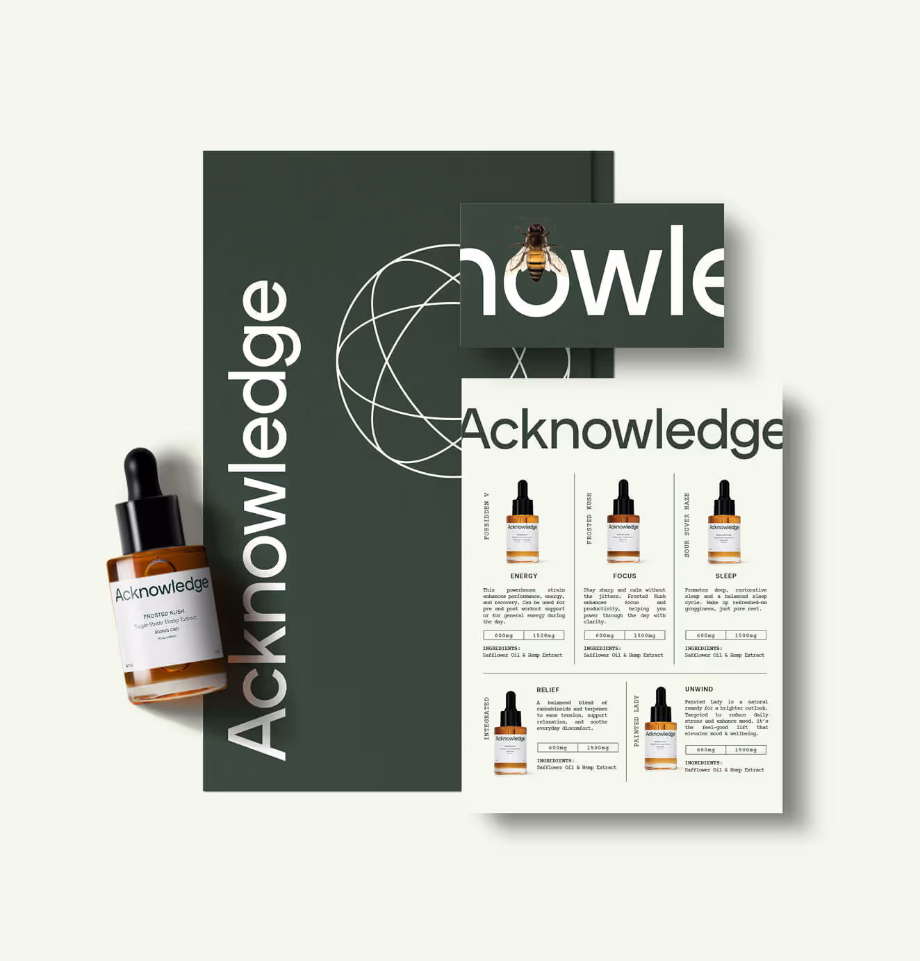 Flat lay of Acknowledge branding materials, including a product catalog of CBD oils, a green notebook, and a bottle of tincture with a dropper.
