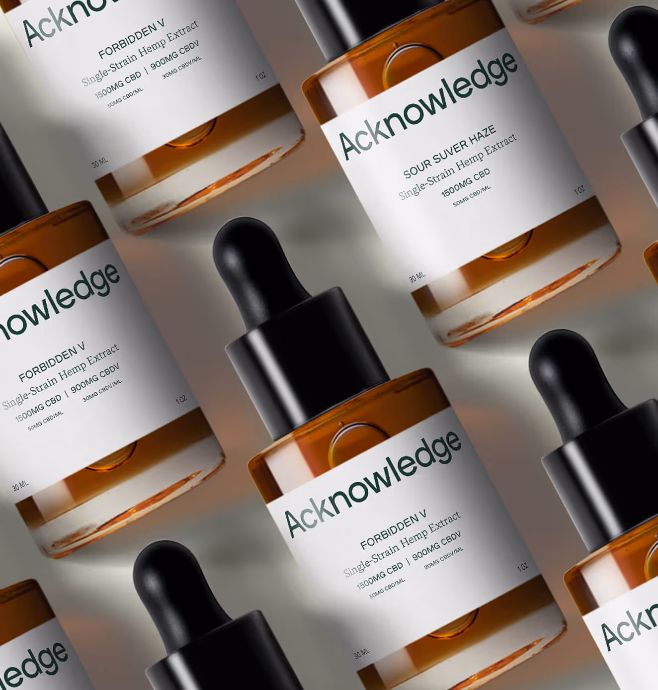 Repeating pattern of Acknowledge amber dropper bottles with white labels featuring hemp extract products like Sour Suver Haze and Forbidden V.