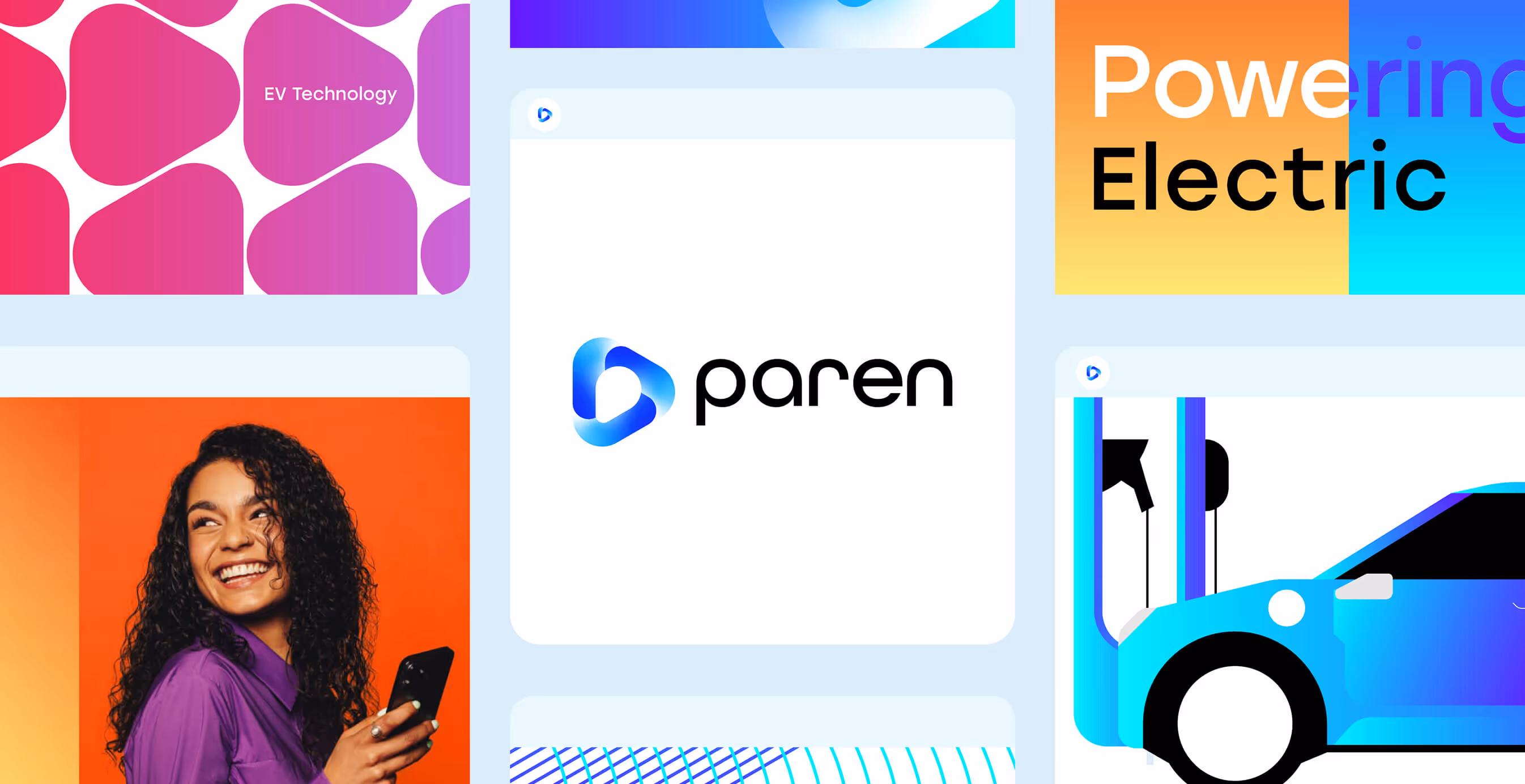 Digital collage featuring Paren’s logo, EV technology graphics, charging station illustrations, and a smiling woman holding a smartphone.