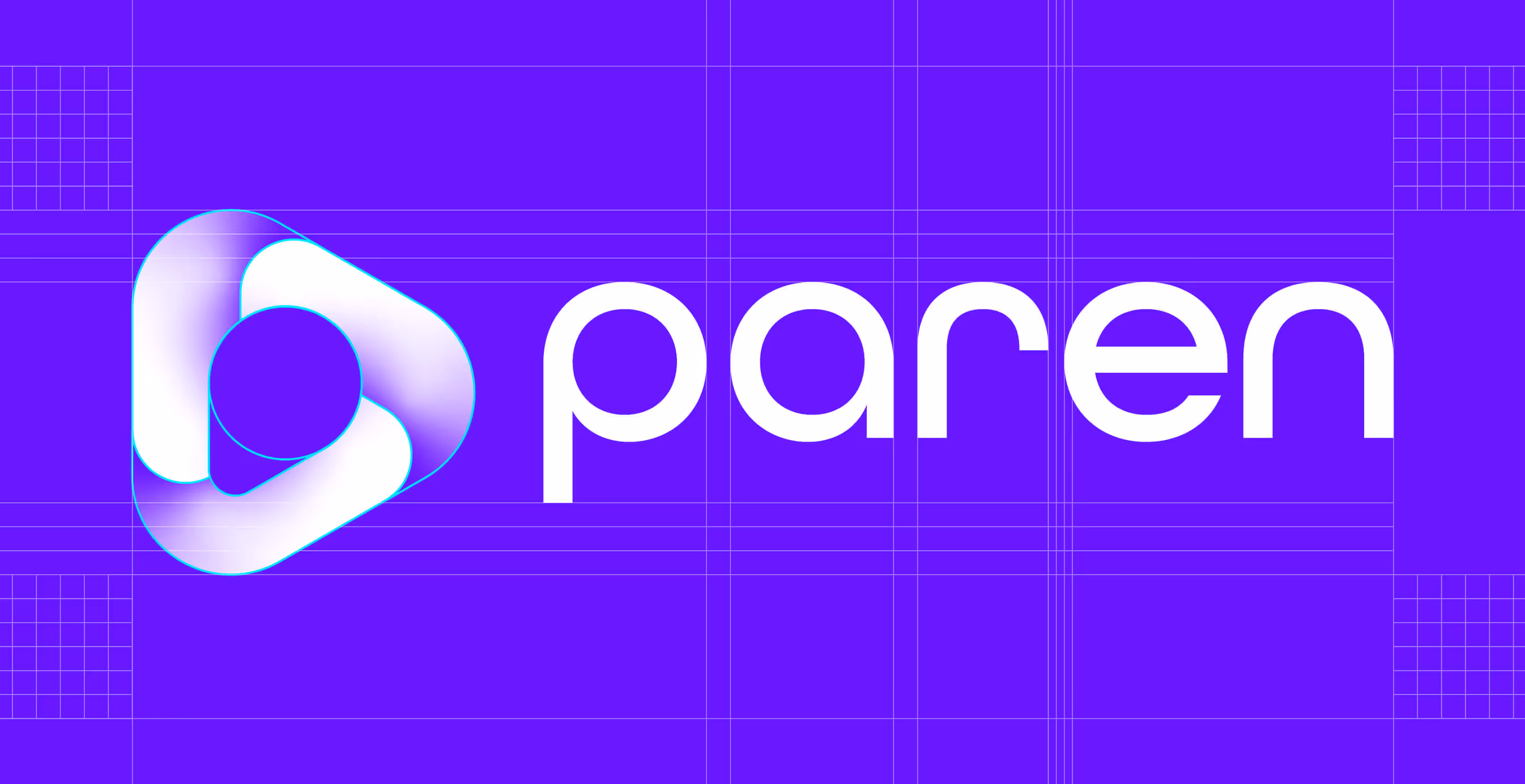 Close-up of the Paren logo in white against a purple background with faint design grid lines showing logo construction.