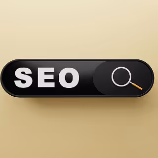 3D-style illustration of a black button with the text "SEO" and a magnifying glass icon on a beige background.