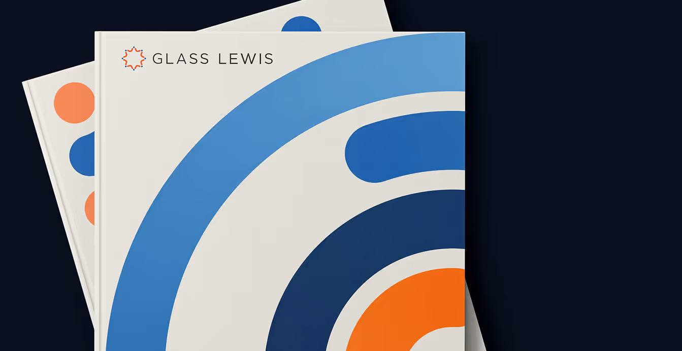 Two stacked Glass Lewis reports with bold circular graphics in blue and orange on the covers, emphasizing the brand’s modern design.