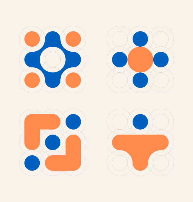 Four geometric Glass Lewis icons in blue and orange, designed with circular grid patterns to represent data and governance connections.