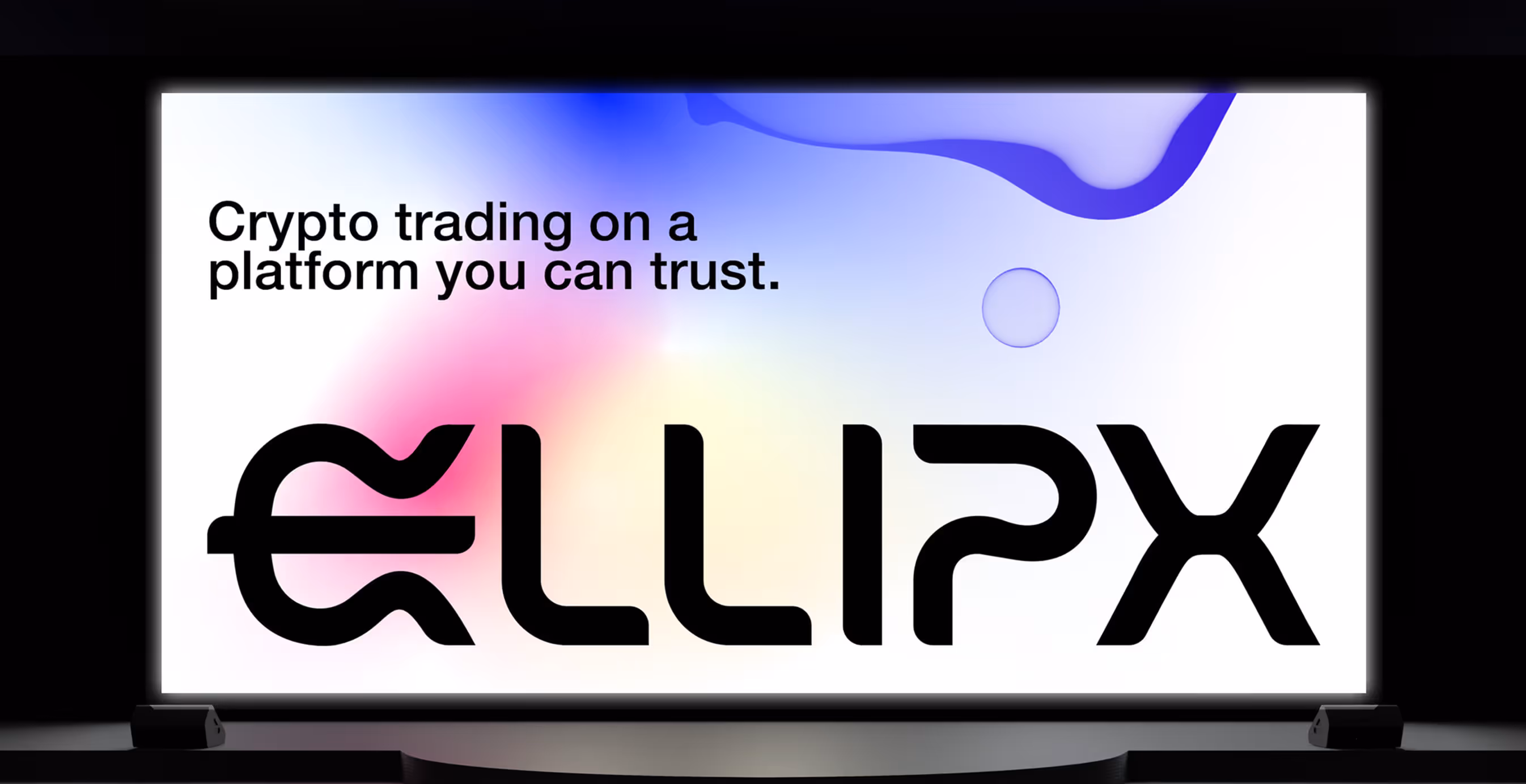Billboard with gradient background and text that reads, “Crypto trading on a platform you can trust,” featuring the Ellipx logo in bold black lettering.
