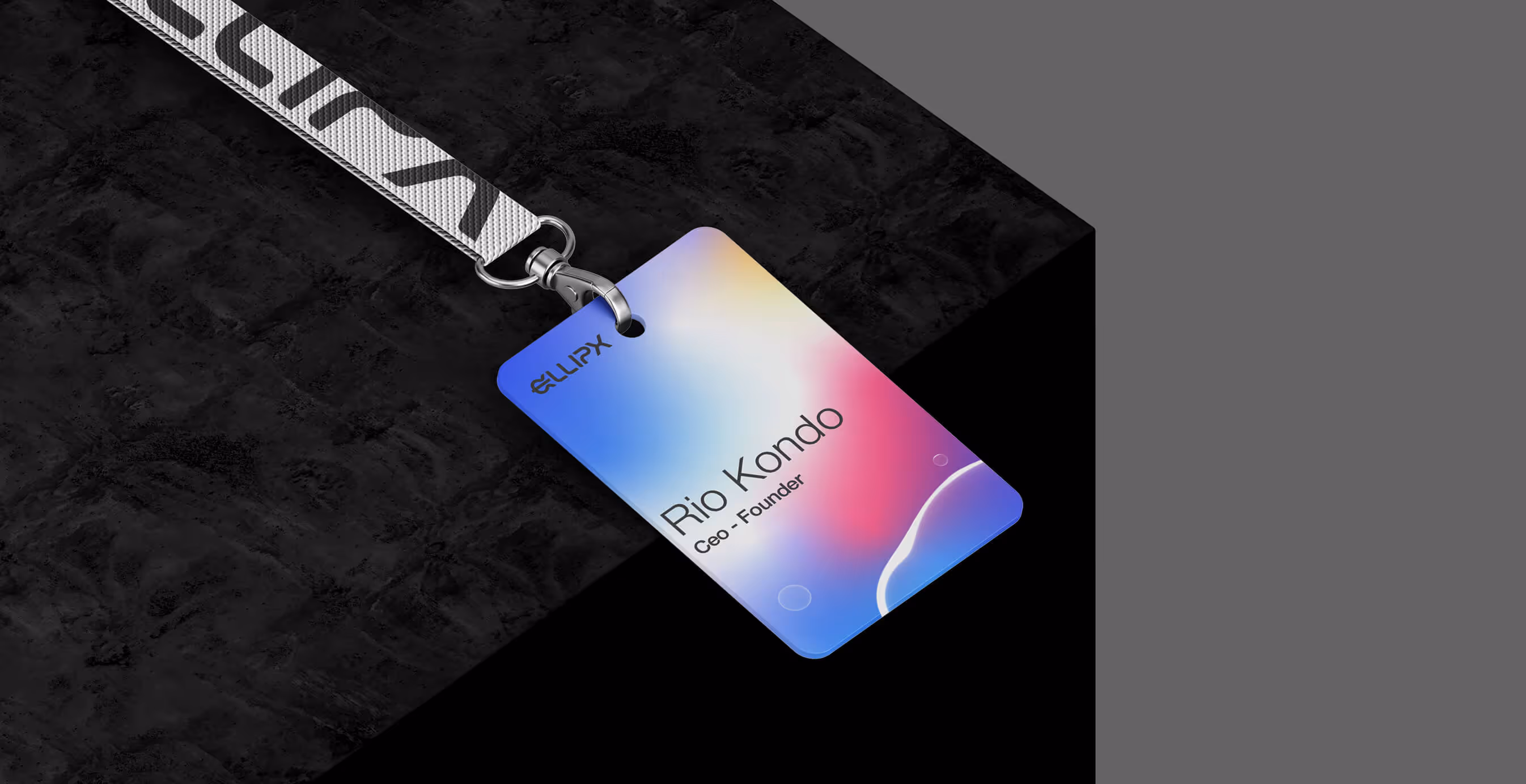 Ellipx branded lanyard and name badge with gradient design showing the name “Rio Kondo, CEO - Founder.”