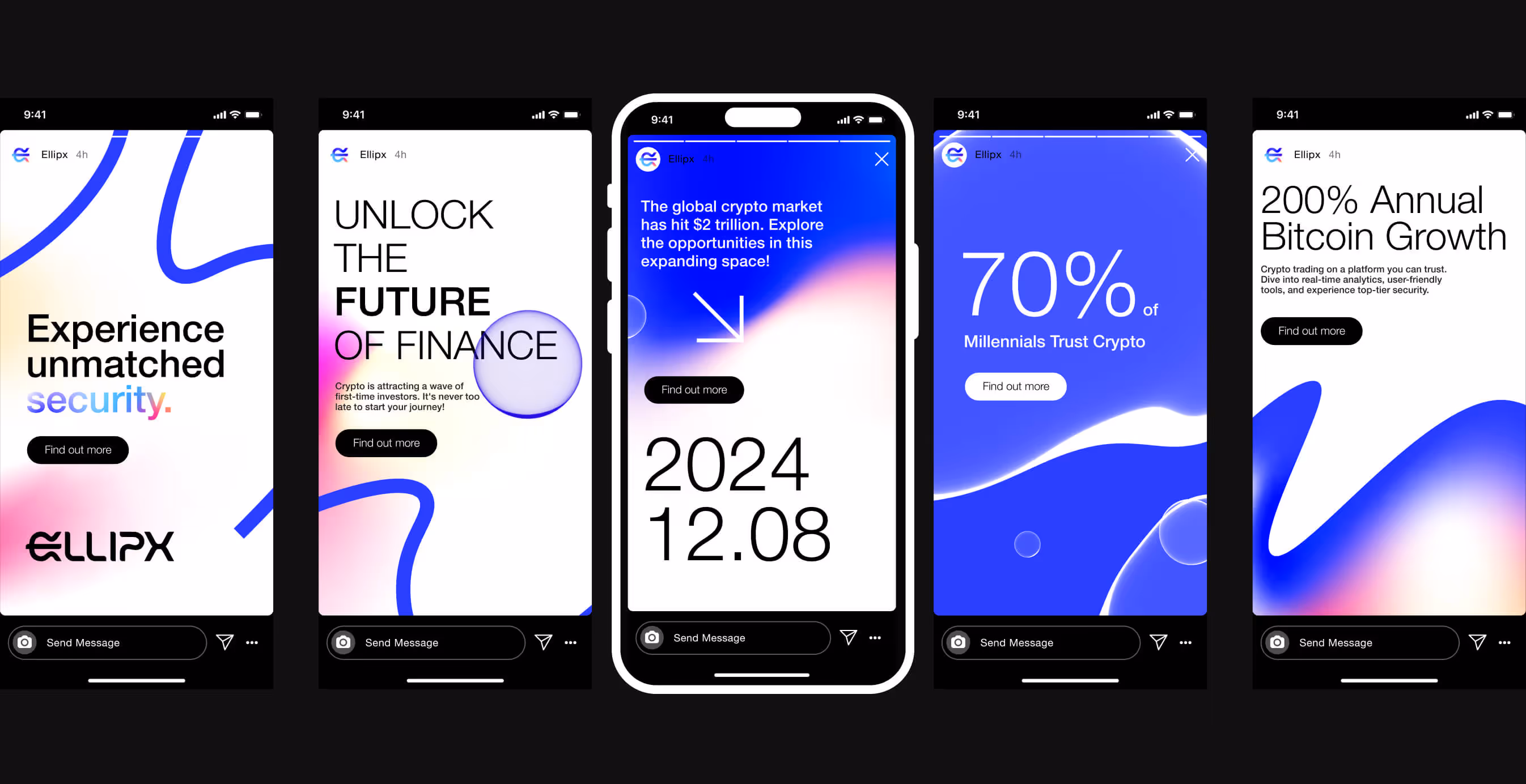 Four vertical mobile screens with Ellipx branding showing marketing messages like “Unlock the Future of Finance,” “70% Millennials Trust Crypto,” and “200% Annual Bitcoin Growth.”