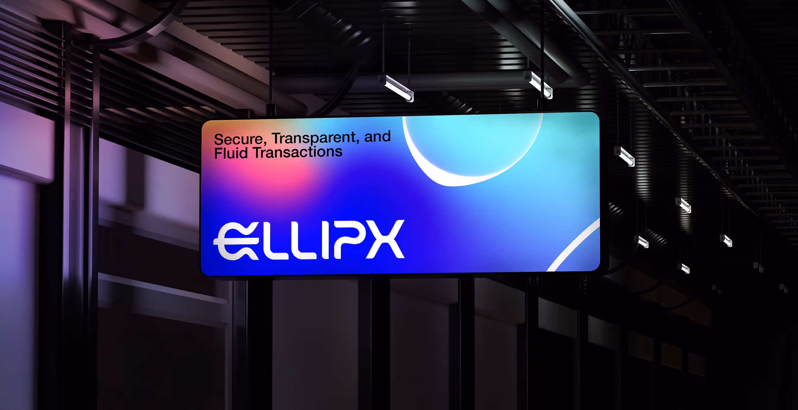 Backlit billboard in a modern station with Ellipx logo and tagline “Secure, Transparent, and Fluid Transactions” on a blue gradient background.