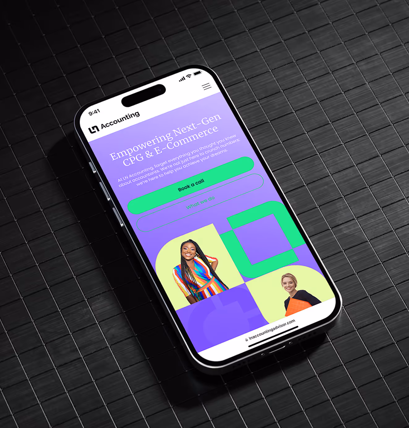 Smartphone displaying LN Accounting’s mobile website with bold purple background, green call-to-action buttons, and portraits of smiling professionals.