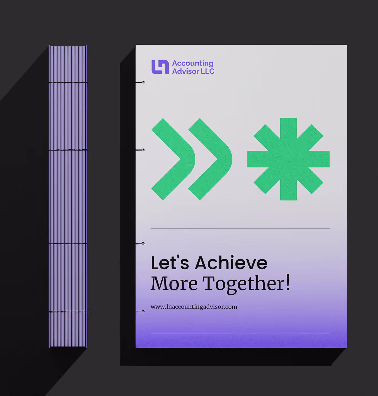 LN Accounting promotional poster with geometric green icons and bold typography reading 'Let’s Achieve More Together!' against a gradient purple background.