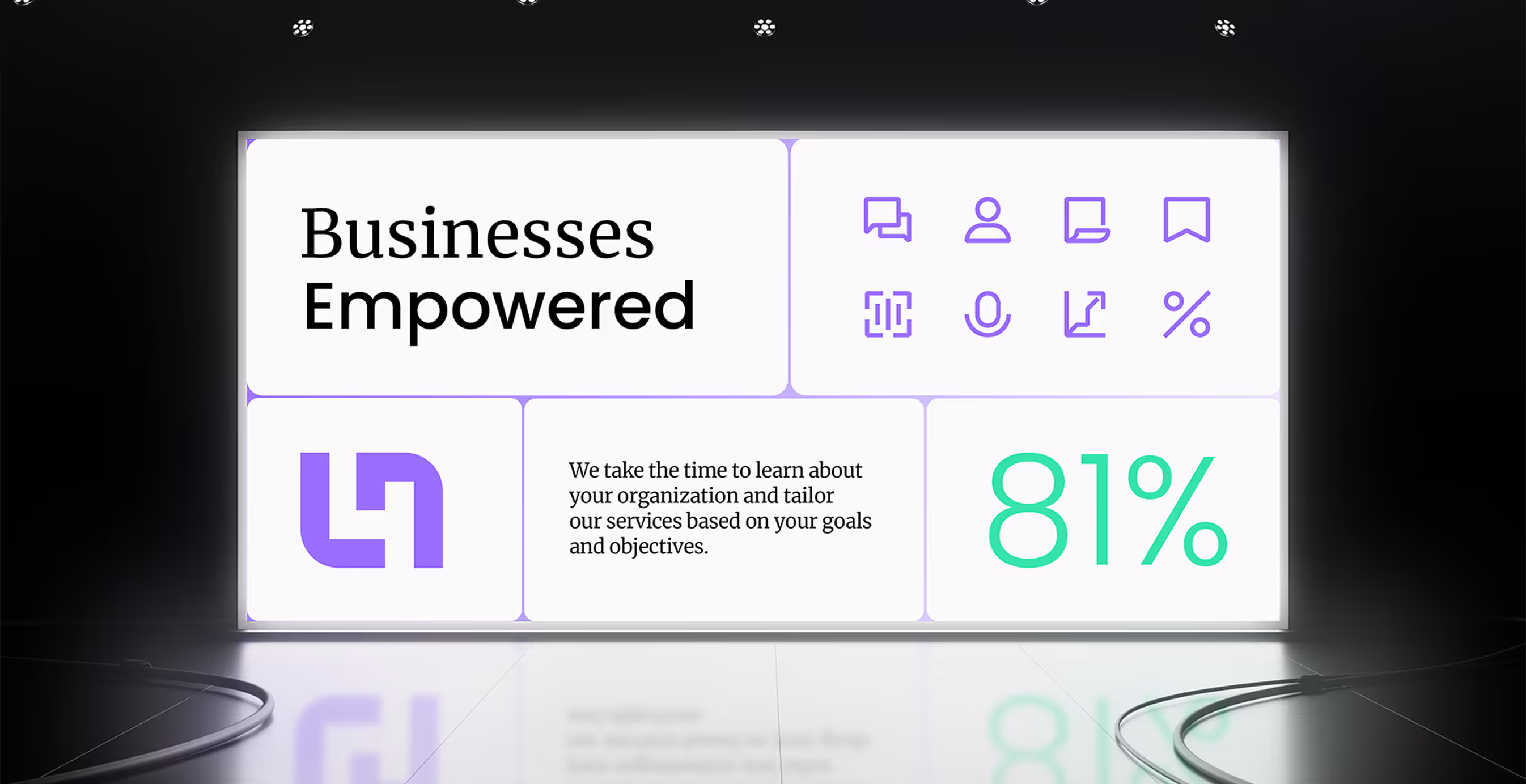 Large illuminated presentation board displaying LN Accounting branding with bold text 'Businesses Empowered,' supporting icons, and an 81% statistic in green.