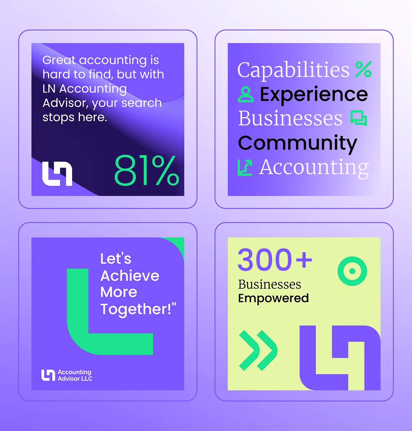 Set of four colorful Instagram carousel graphics for LN Accounting, featuring bold typography, gradient backgrounds, and stats like '81%' and '300+ Businesses Empowered.'
