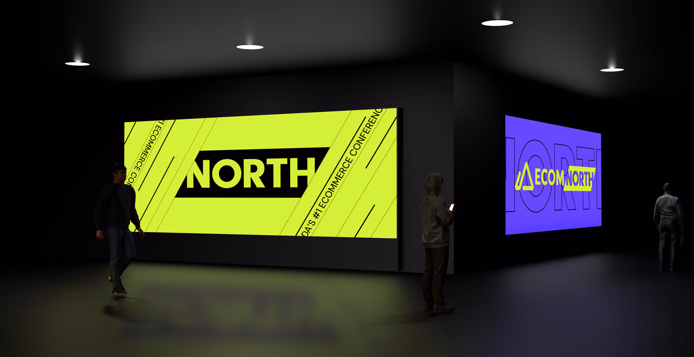 Two large illuminated wall screens in a dark venue. One features the word “NORTH” in bold black text on neon yellow, while the other shows the Ecom North logo on a purple background. Attendees stand nearby.