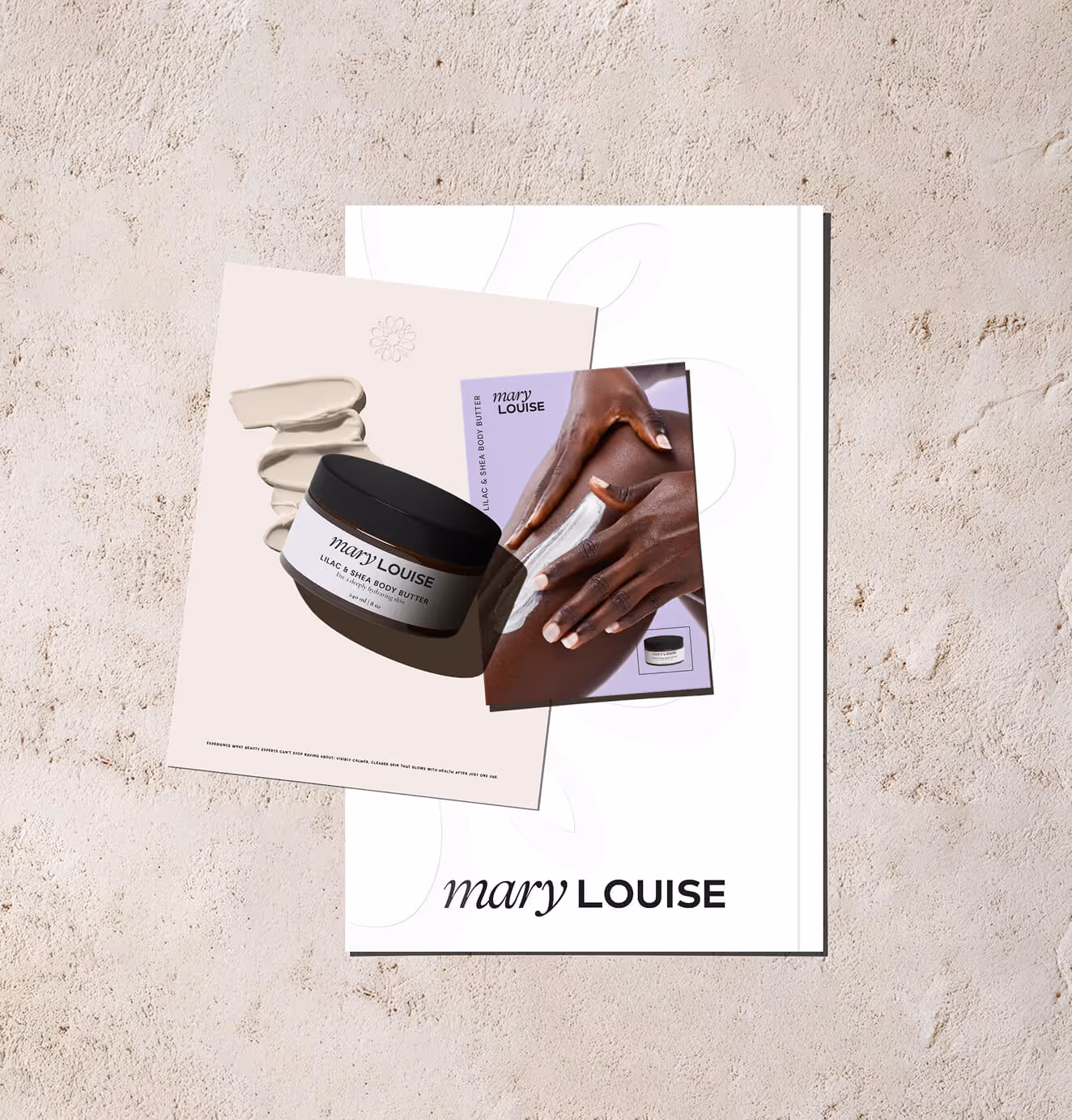 Flat lay of Mary Louise product photography, including a body butter jar, lifestyle imagery, and branded collateral on a textured surface.