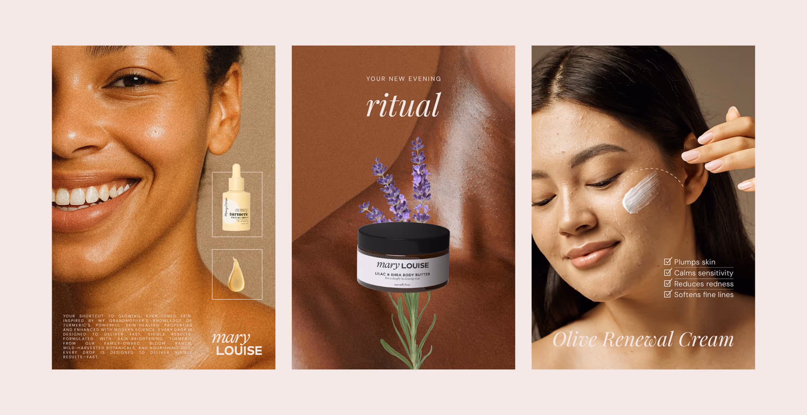 Three lifestyle visuals showing Mary Louise skincare products in use, including serum application, body butter ritual, and cream benefits overlay.