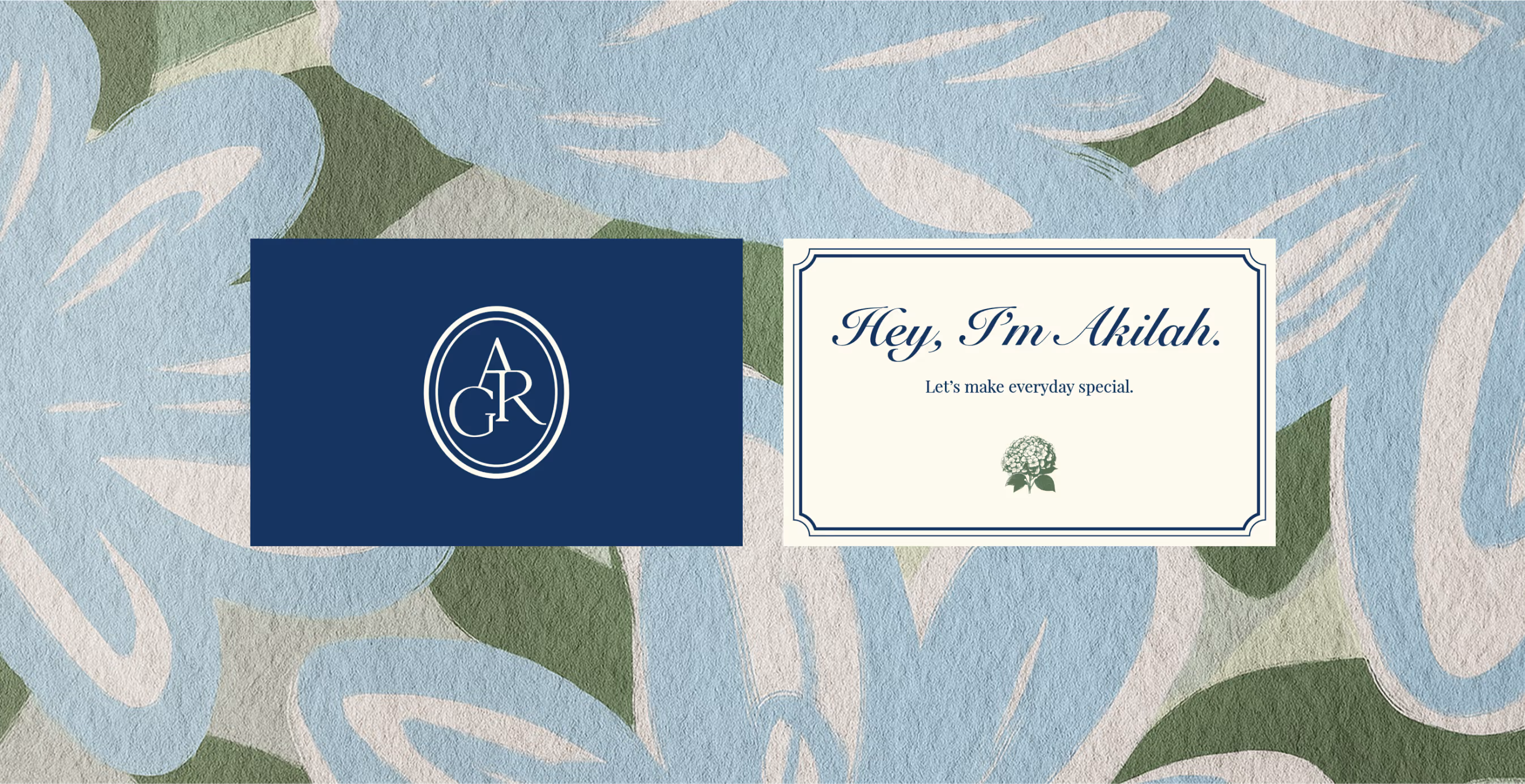 Two brand identity cards placed on a floral patterned background. One shows the white “ARG” monogram on navy blue, the other says “Hey, I’m Akilah. Let’s make everyday special.”
