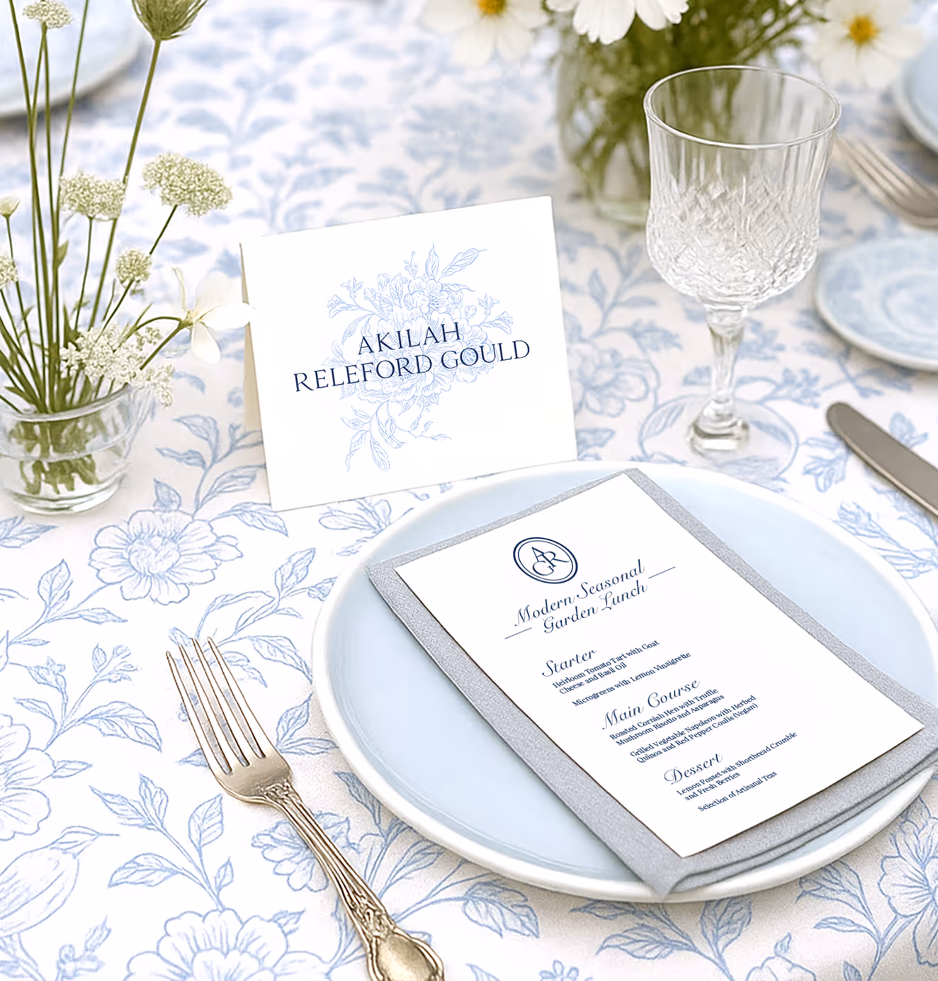 A styled dining table with floral tablecloth, glassware, and a plate set. A place card reads “Akilah Releford Gould” alongside a menu with the ARG monogram.
