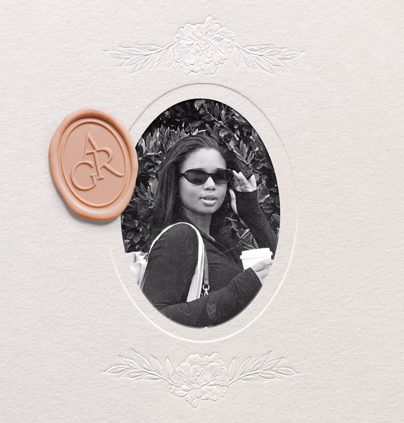 A black-and-white portrait of a woman wearing sunglasses, framed in an embossed oval with floral details, alongside a peach wax seal stamped with the ARG logo.