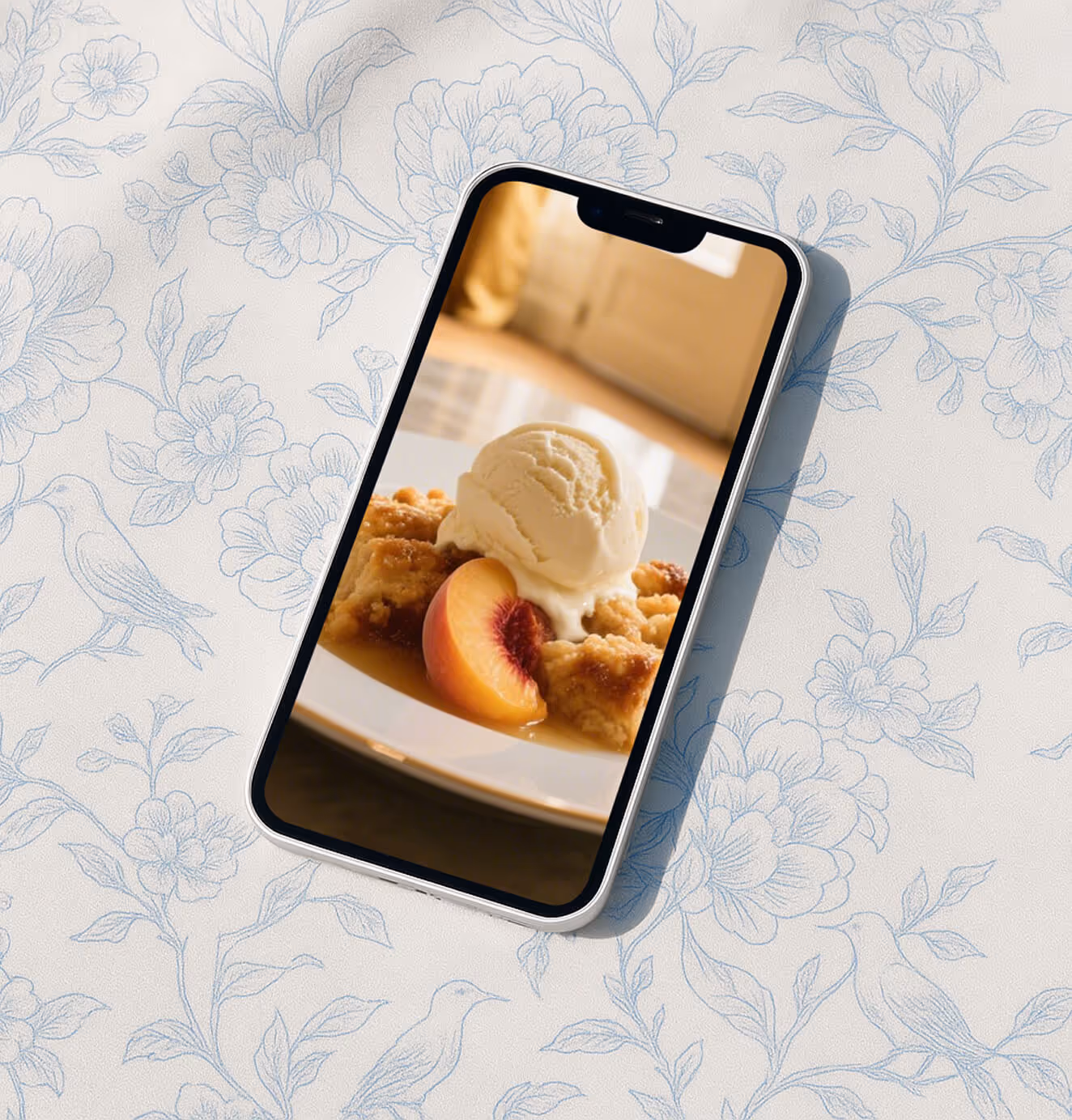 Smartphone displaying a dessert photo with ice cream and peaches, set on a white floral patterned fabric background.
