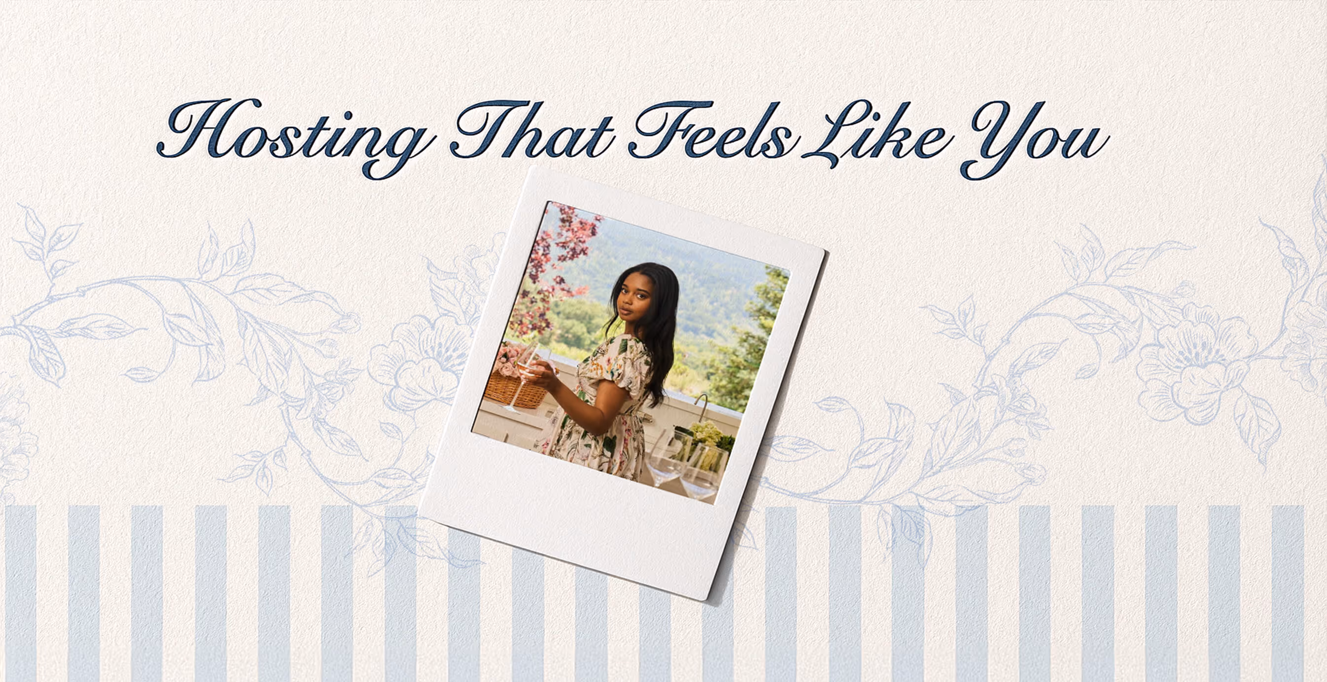 “Hosting That Feels Like You” above a Polaroid-style photo of a woman at an outdoor table with wine glasses, framed by floral graphics.