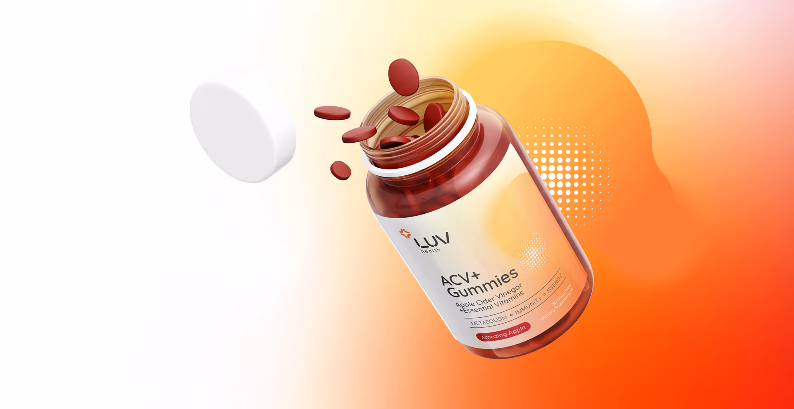LUV Health ACV+ Gummies bottle with red tablets spilling out against a bold orange gradient background.