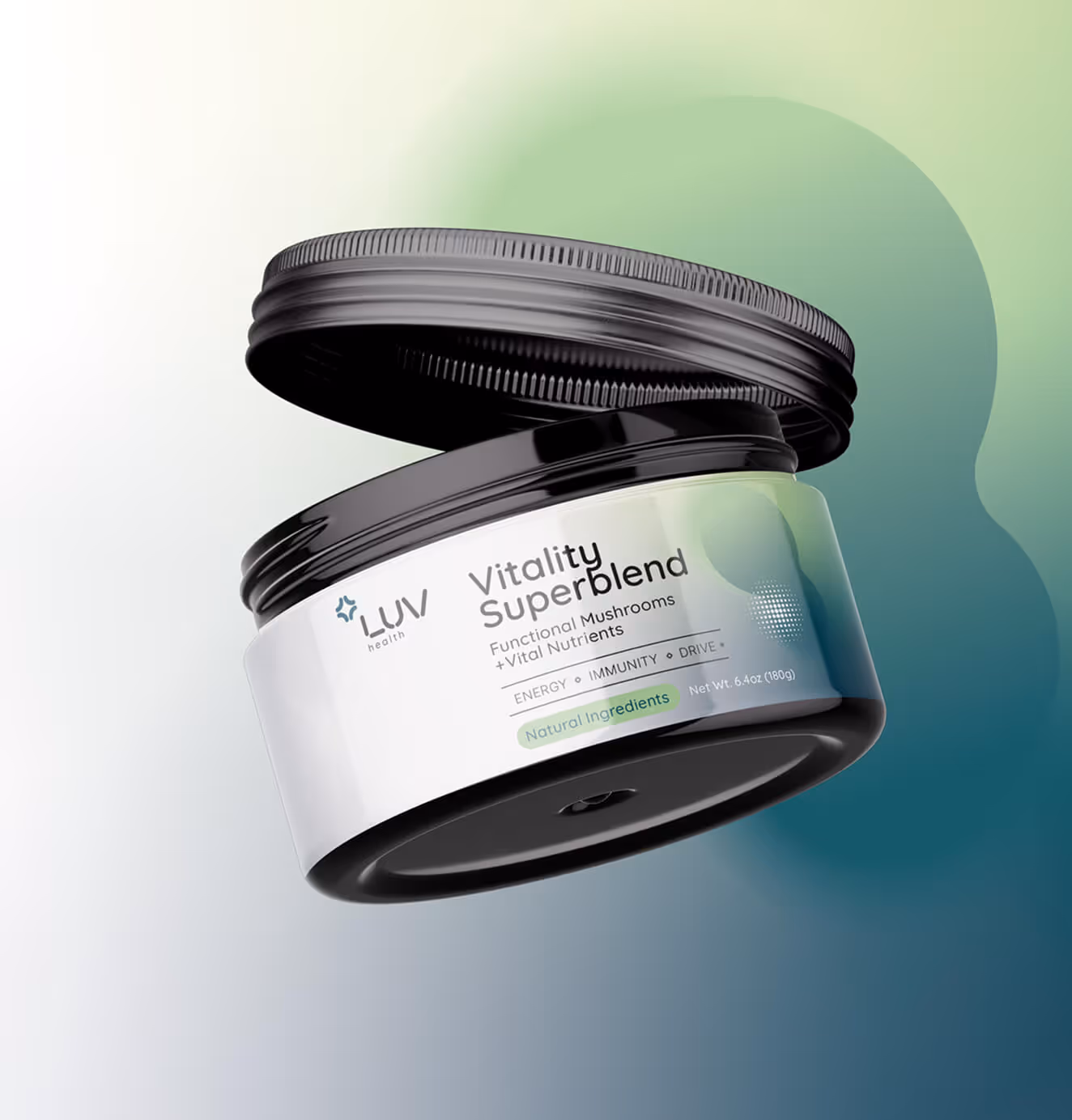 Floating container of LUV Health Vitality Superblend with open black lid on a green gradient background, labeled for energy, immunity, and drive.