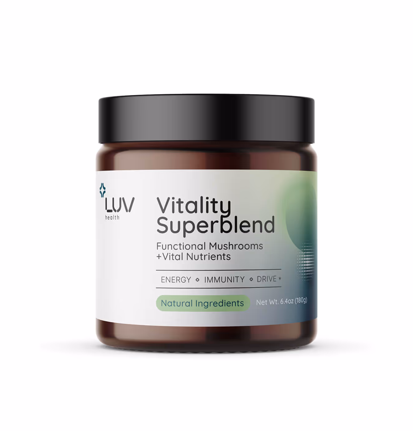 LUV Health Vitality Superblend jar displayed upright on white background with green gradient label highlighting natural ingredients.