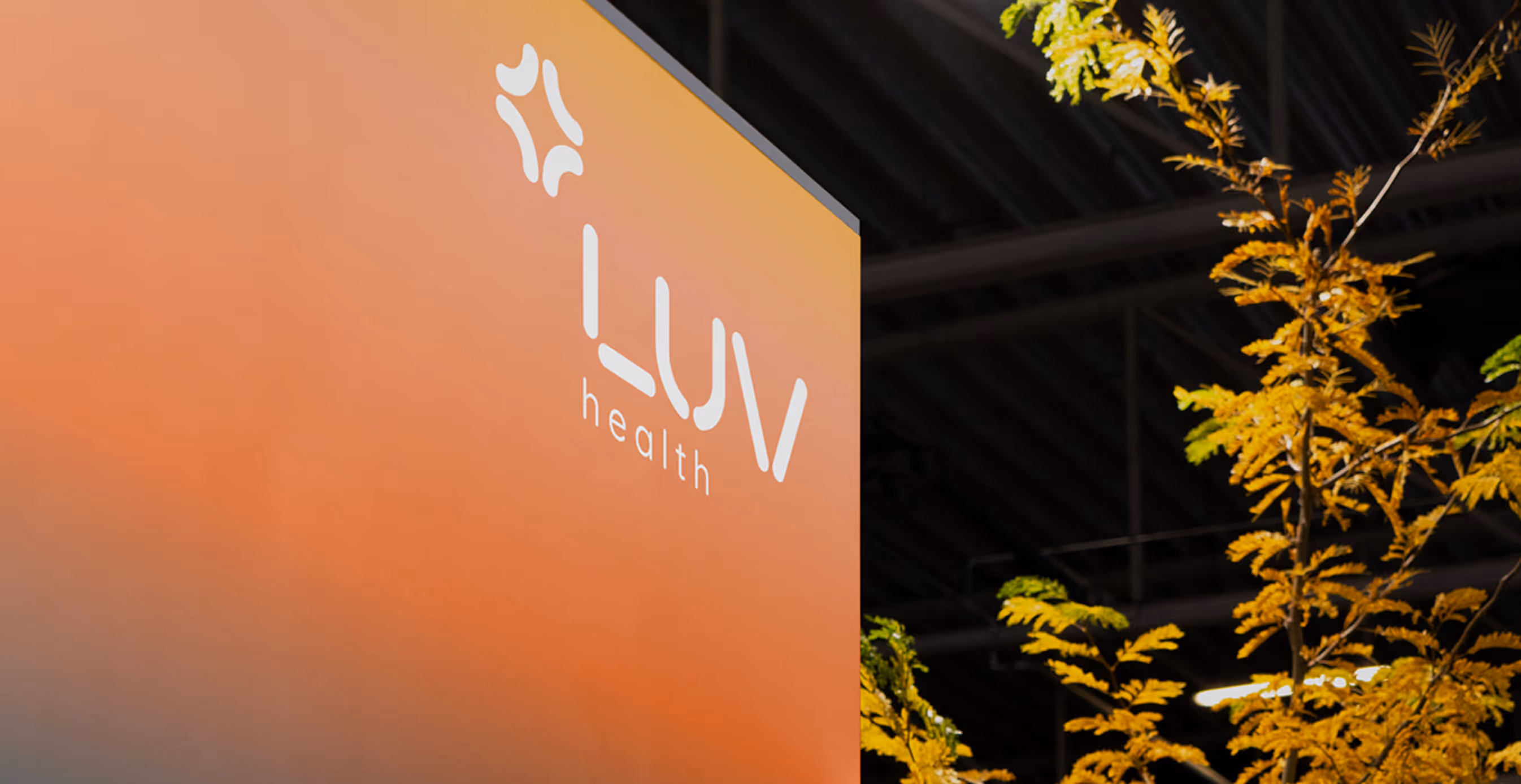 Trade show booth signage with LUV Health logo in white on an orange gradient background, with yellow foliage partially visible in front.