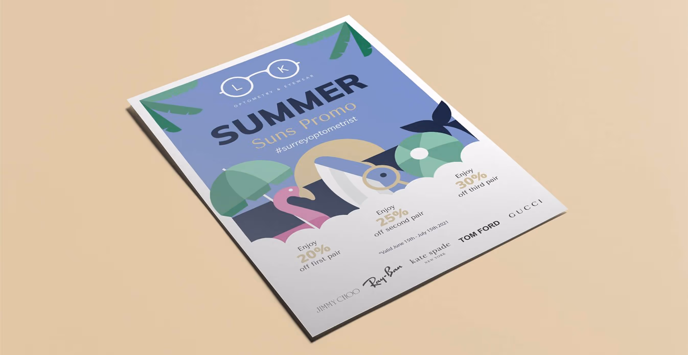 Look Optometry summer promotion flyer with playful illustrations of umbrellas, flamingo, and sunglasses, offering tiered discounts on eyewear.