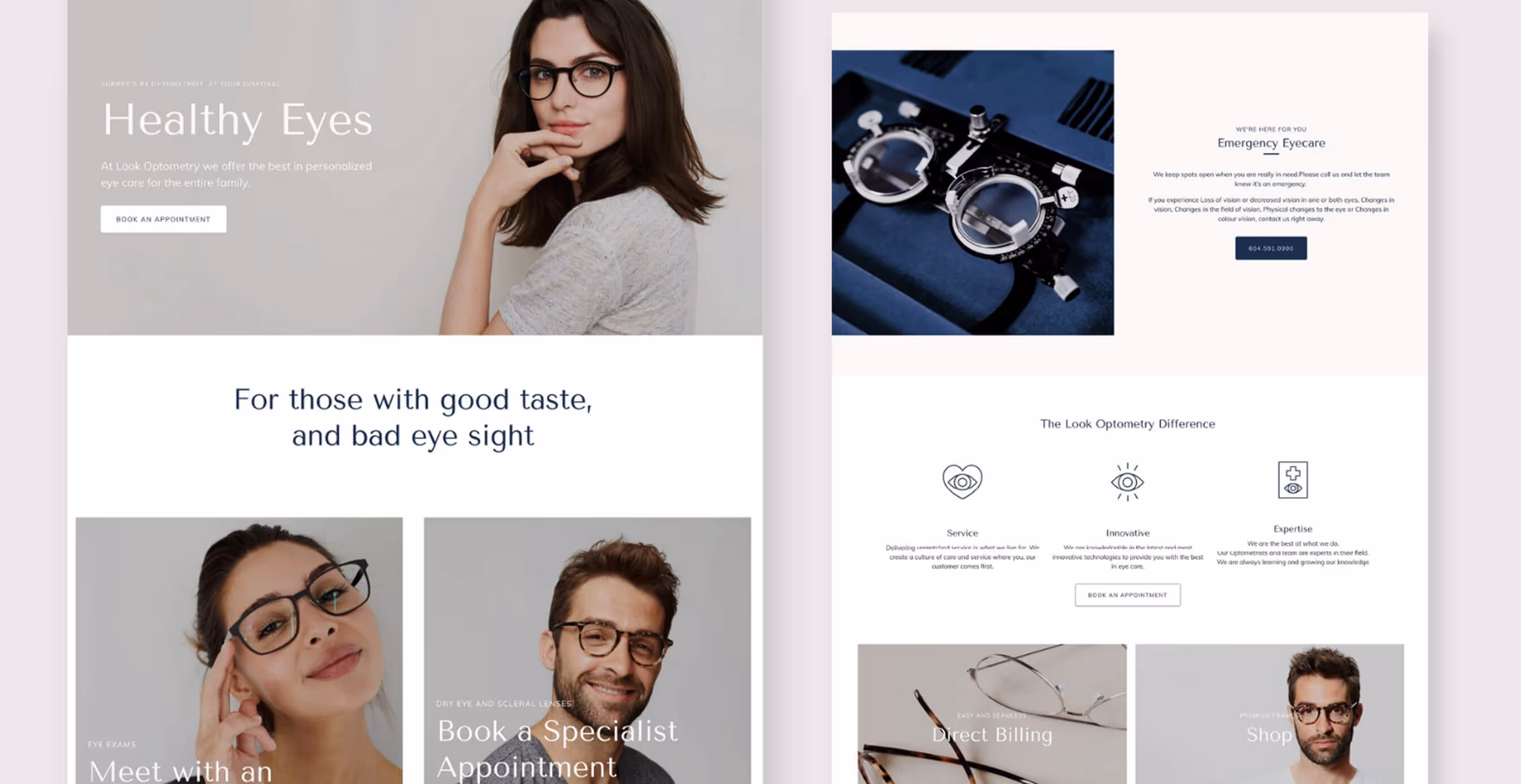 Look Optometry website design showing modern layout with patient care messaging, eyewear imagery, and tagline “For those with good taste and bad eyesight.”